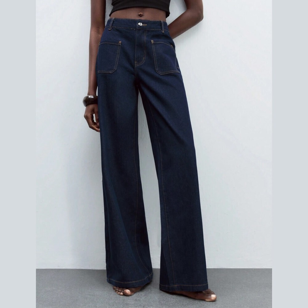 Navy Denim Wide-Leg Jeans, Extra Long